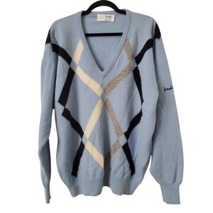 Pringle Scotland Men's Blue Argyle VNeck 100% Wool‎ Sweater Size L Pullover